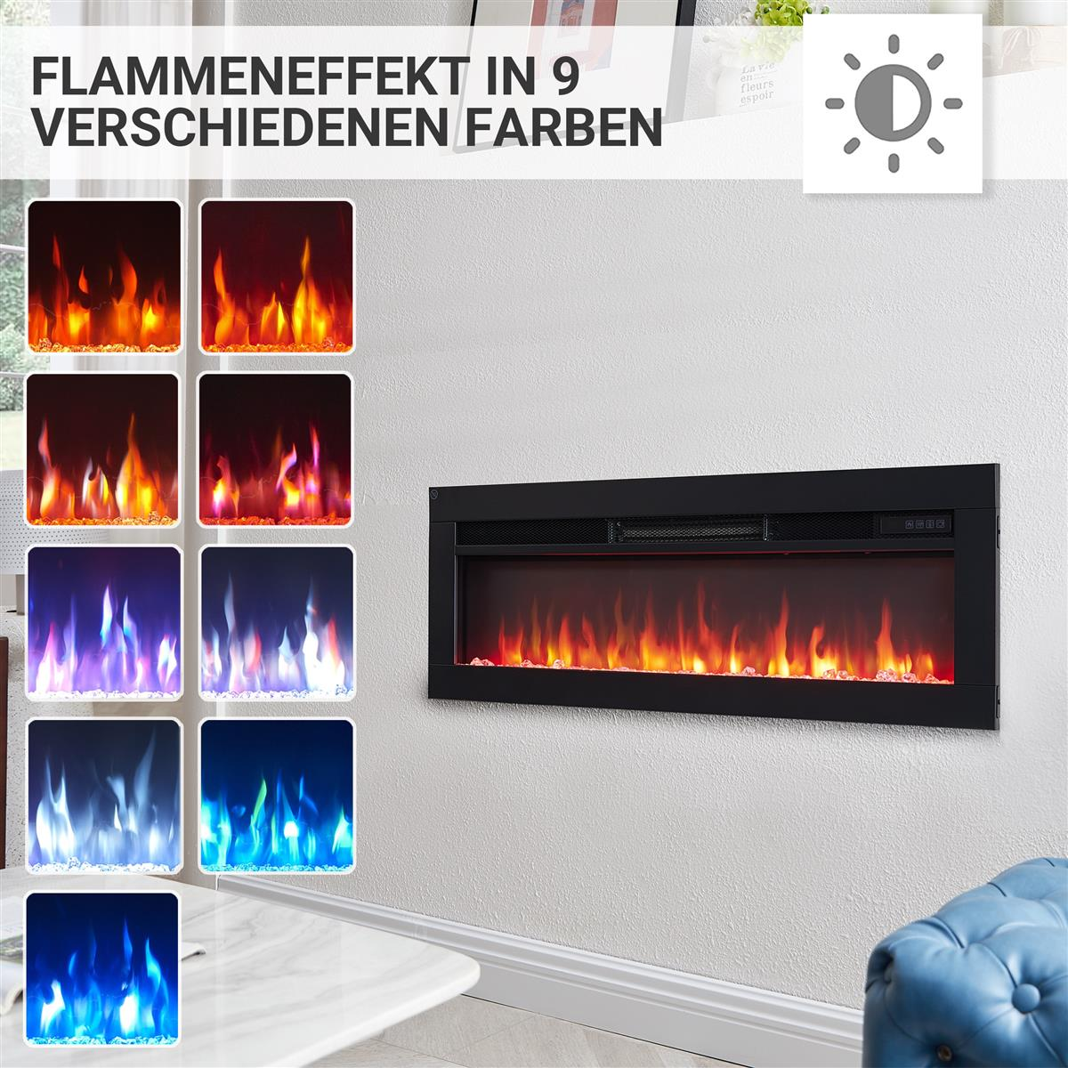 Elektrischer Kamin mit Flammen in verschiedenen Farben.