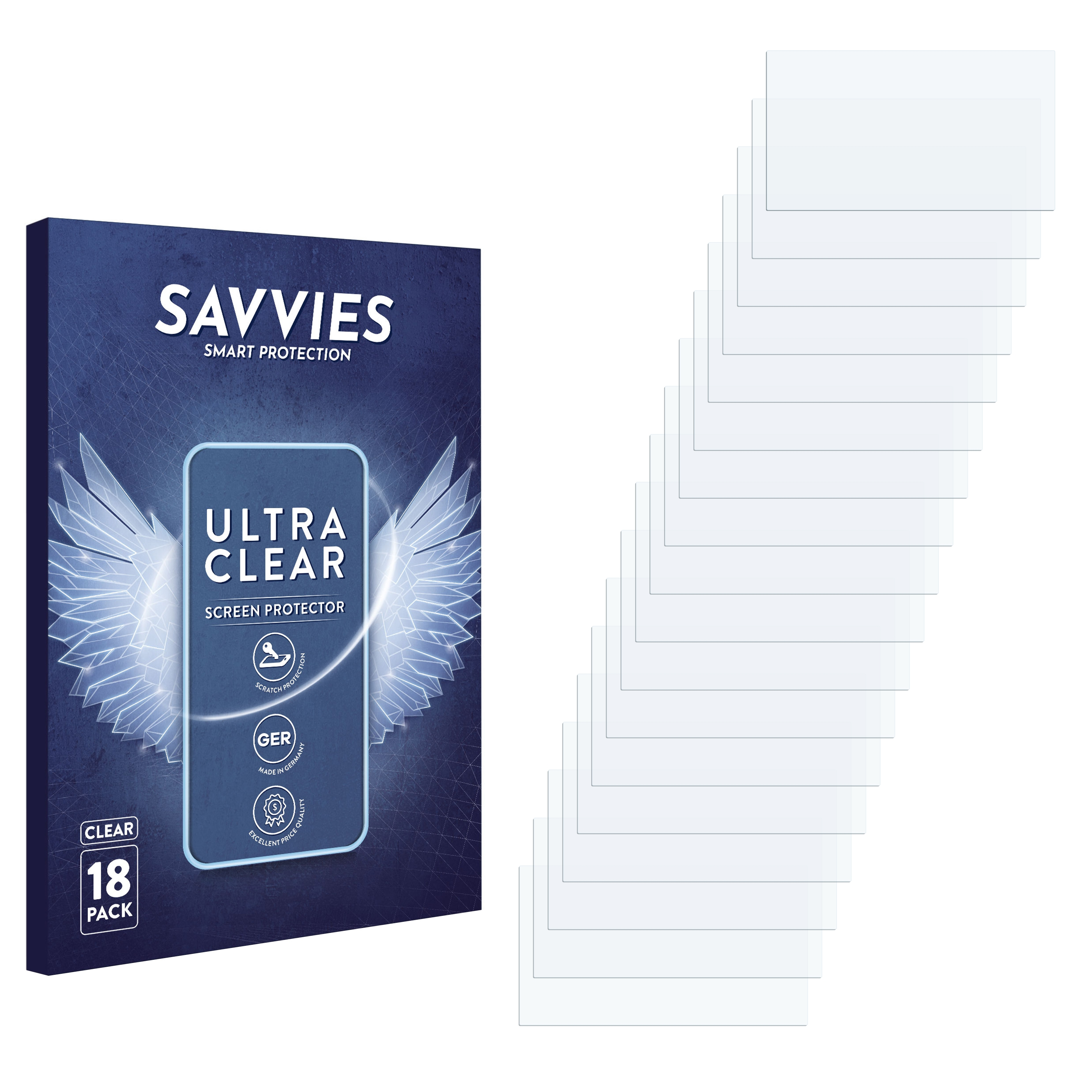 Verpackung von 18 Savvies Ultra Clear Displayschutzfolien, Made in Germany.