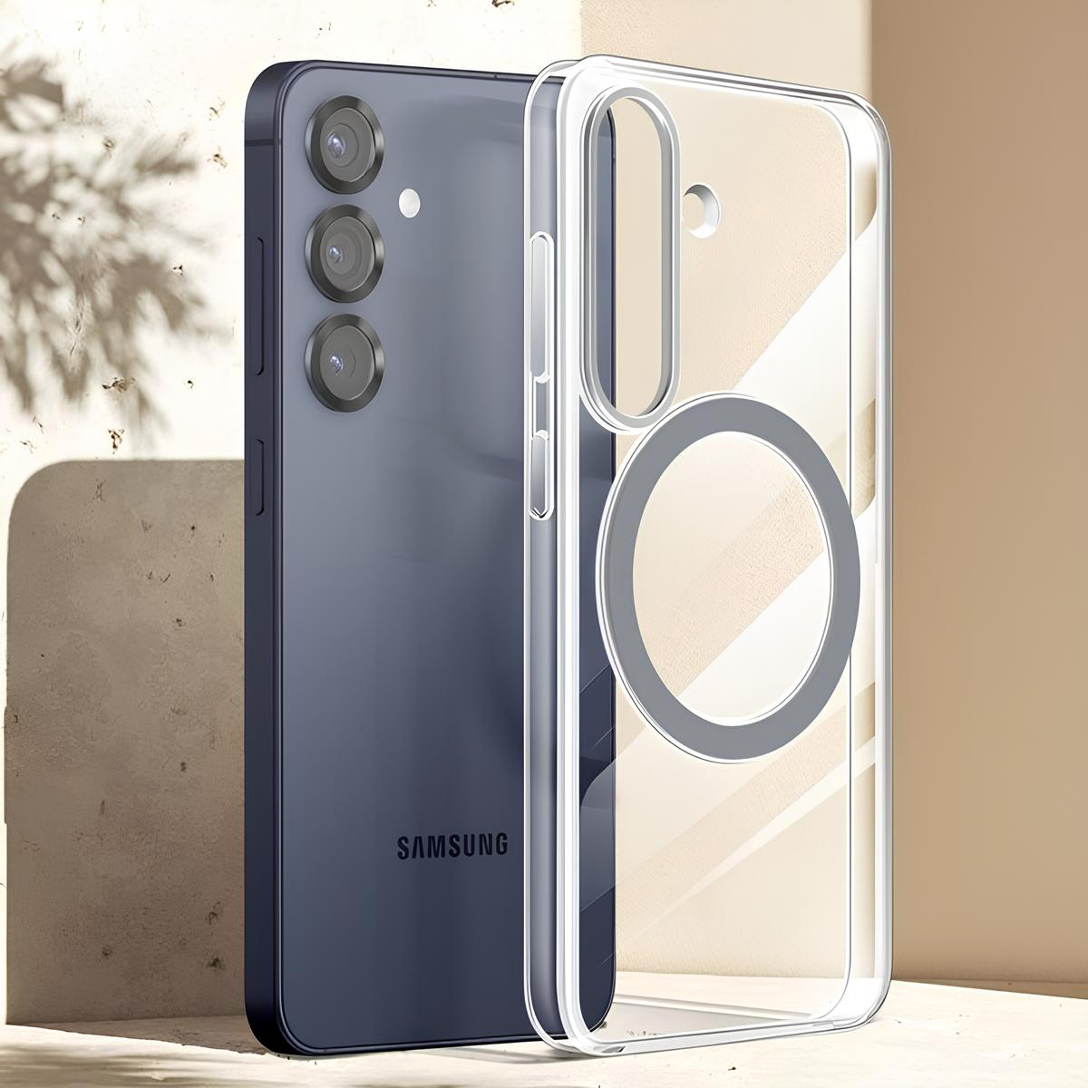 Dunkelblaues Samsung-Handy mit transparenter Schutzhülle daneben.