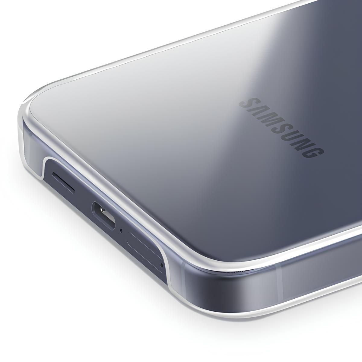 Ein transparenter Handyhülle mit Samsung Logo auf einem dunklen Handy.