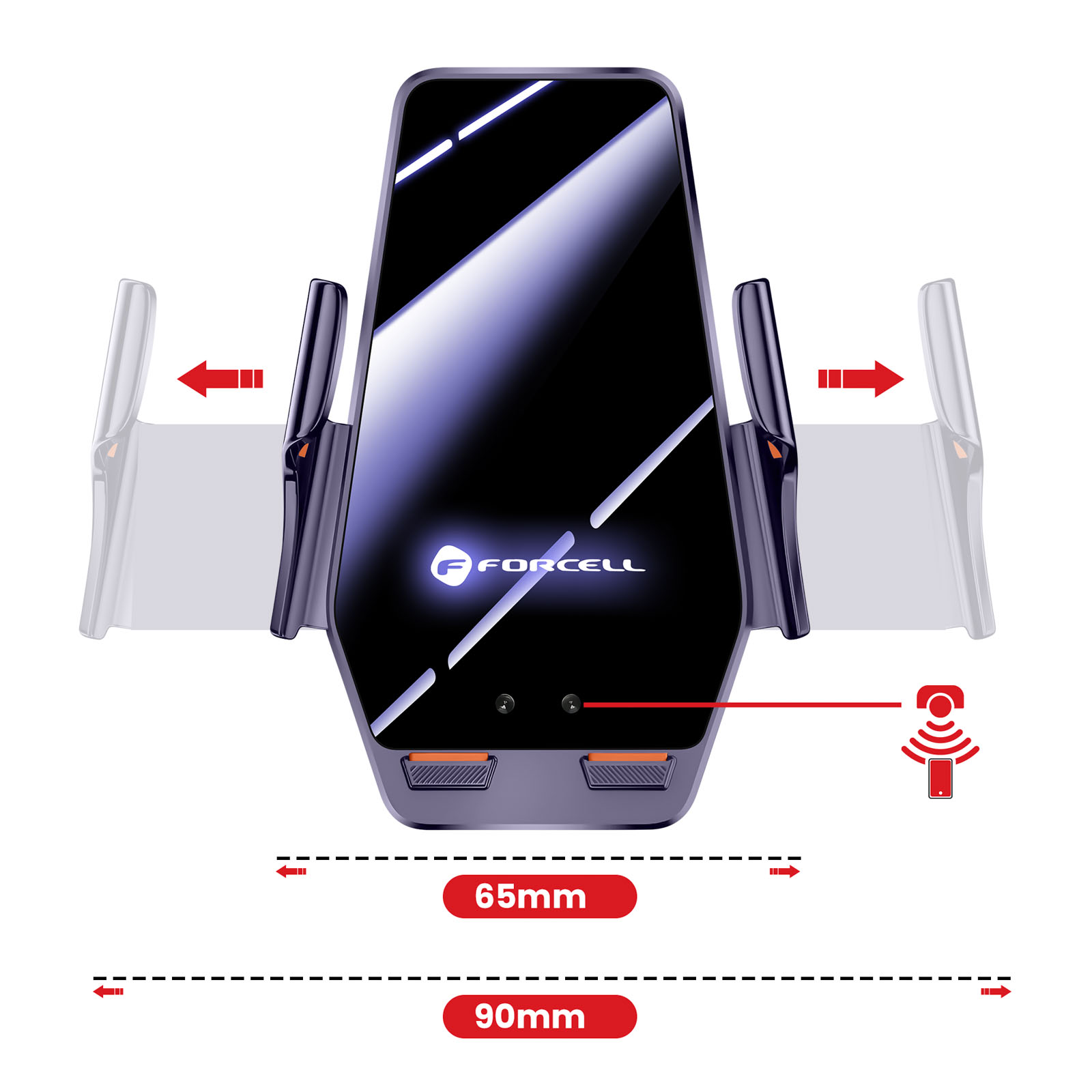 Un supporto per telefono scuro con logo "FORCELL" e frecce che indicano la larghezza.