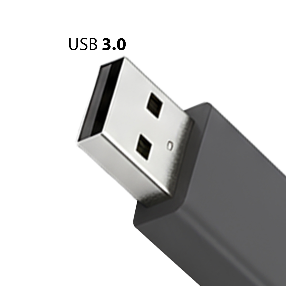 A USB 3.0 connector with a silver metal housing and a black insert.