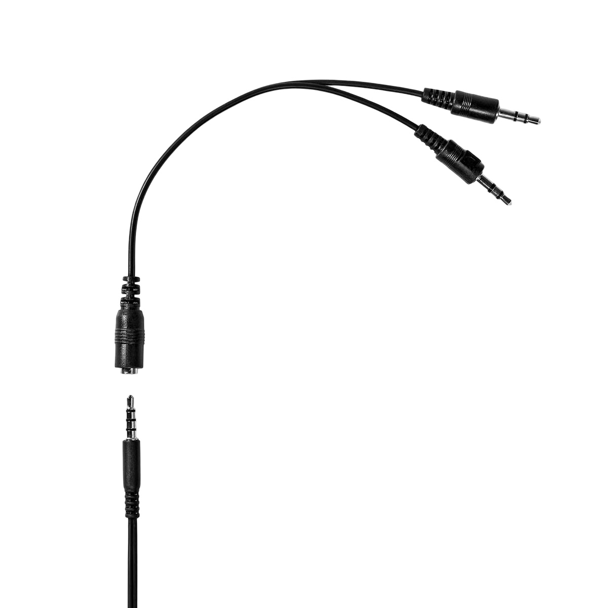 Ein schwarzes Audiokabel mit einem Stecker und zwei getrennten Steckern.