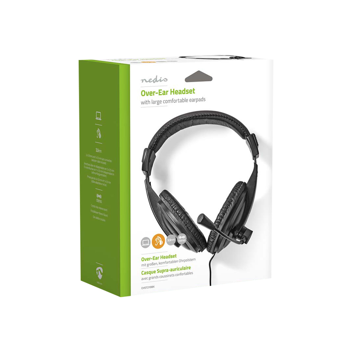 Verpackung eines schwarzen Over-Ear-Headsets mit Mikrofon und großen Ohrpolstern.