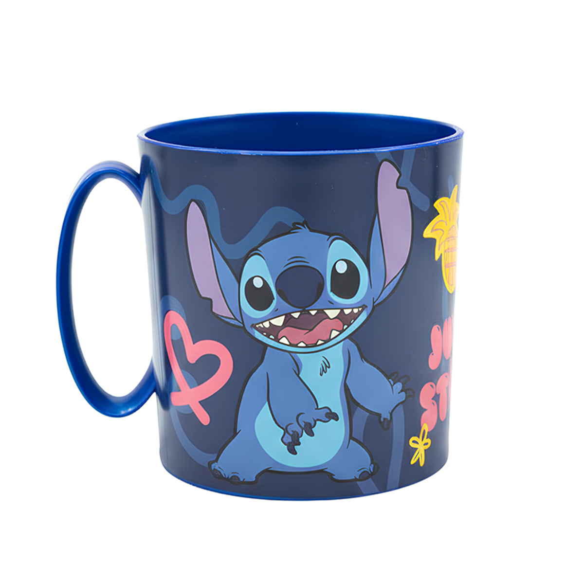 Una taza azul oscuro con el personaje Stitch sonriendo. Un corazón está a la izquierda.