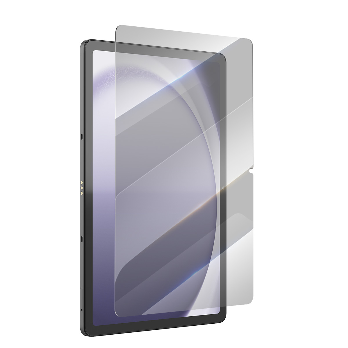 Tablet z osłoną ekranu przed ekranem, białe tło.