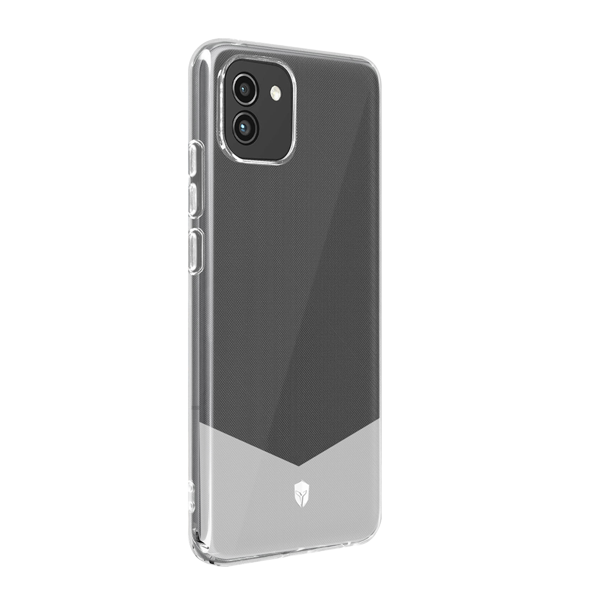 Custodia trasparente per telefono con doppia fotocamera e motivo a V grigio.