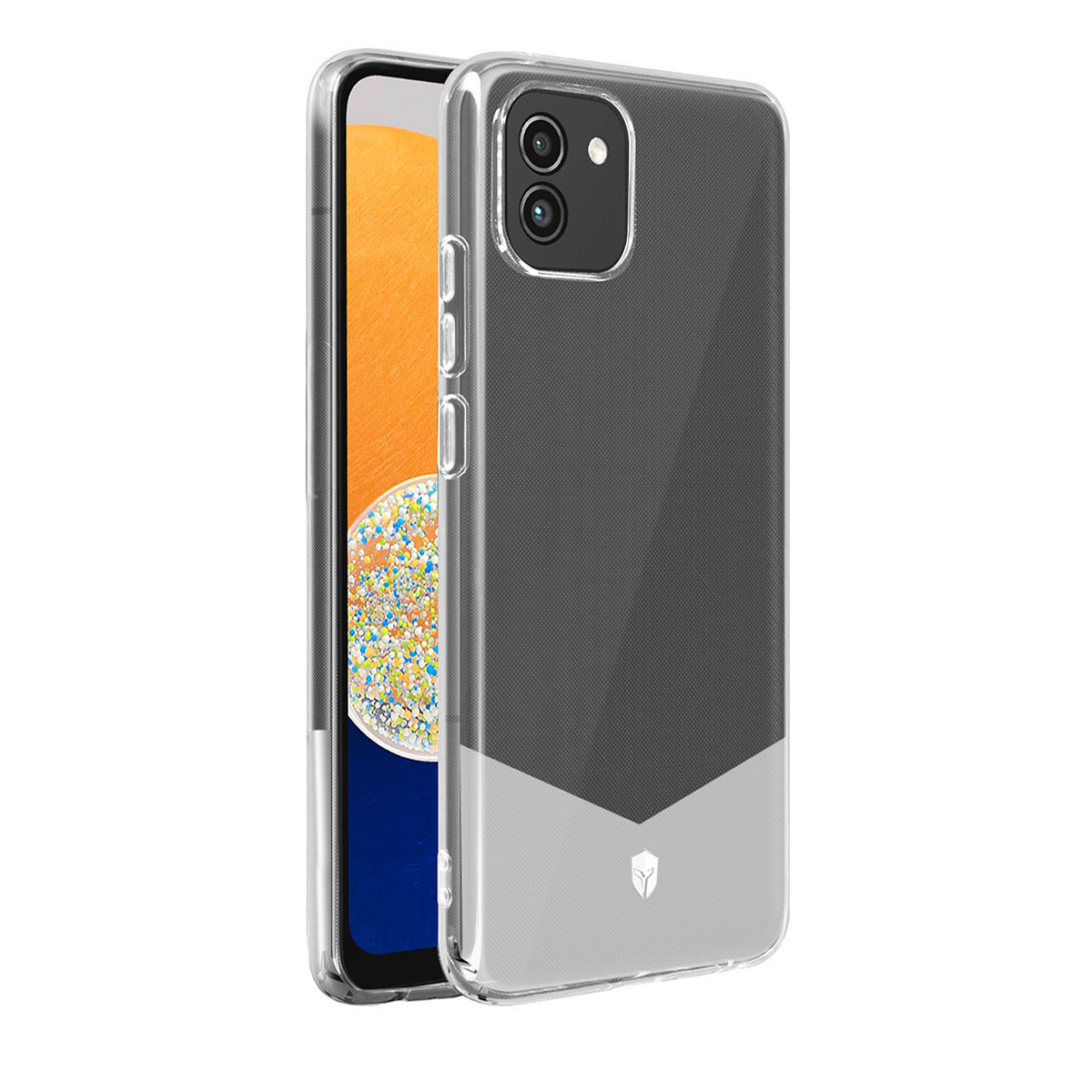 Una cover trasparente per telefono con design a pannello posteriore chiaro e scuro.