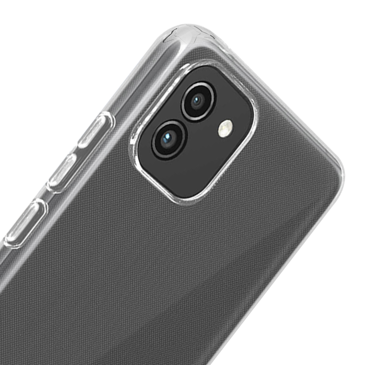Custodia trasparente per telefono su sfondo bianco con due fotocamere.
