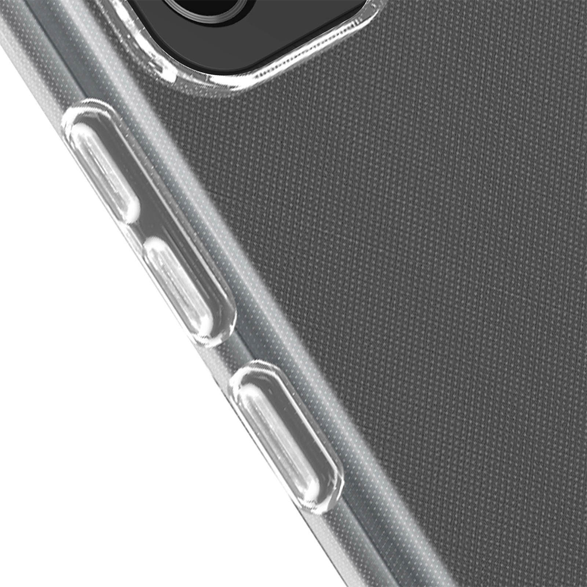 Primo piano di una custodia trasparente per telefono con texture grigia e pulsanti laterali.