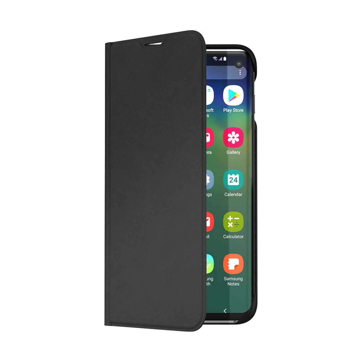 Ein schwarzes Smartphone mit aufgeklapptem Cover und sichtbaren App-Symbolen.