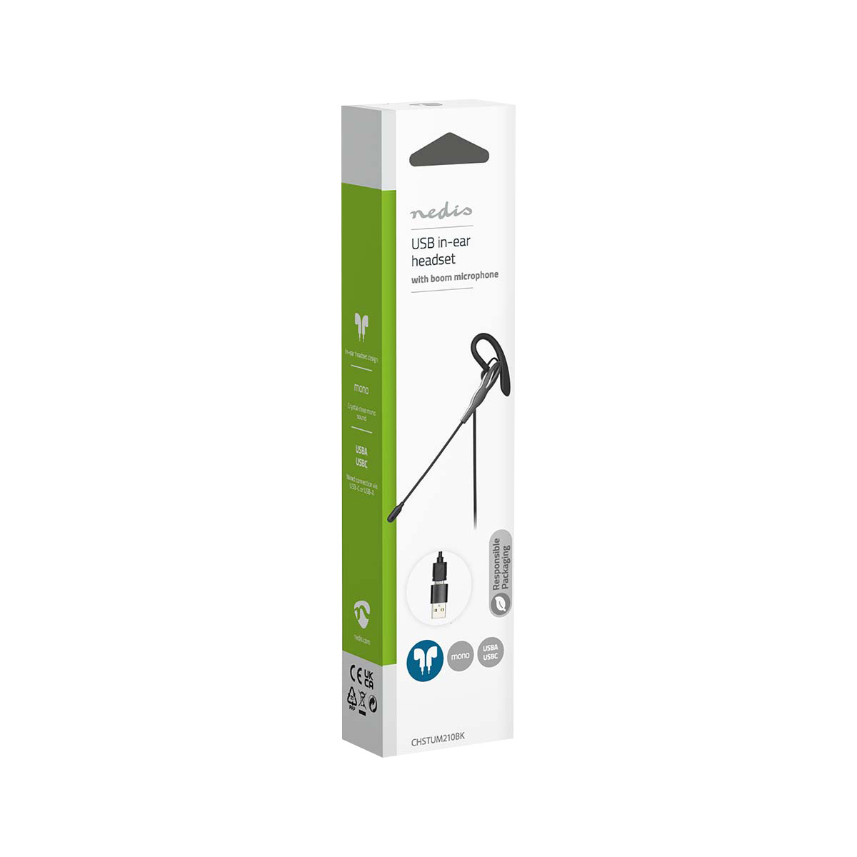 Verpackung mit schwarzem USB-Headset mit Mikrofonbügel und Nedis-Logo.
