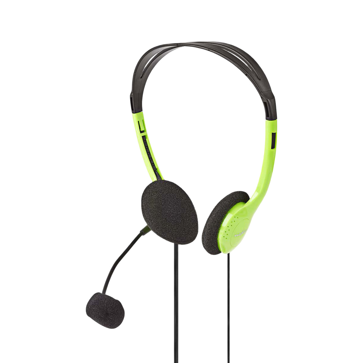 Groene en zwarte koptelefoon met microfoon op witte achtergrond.