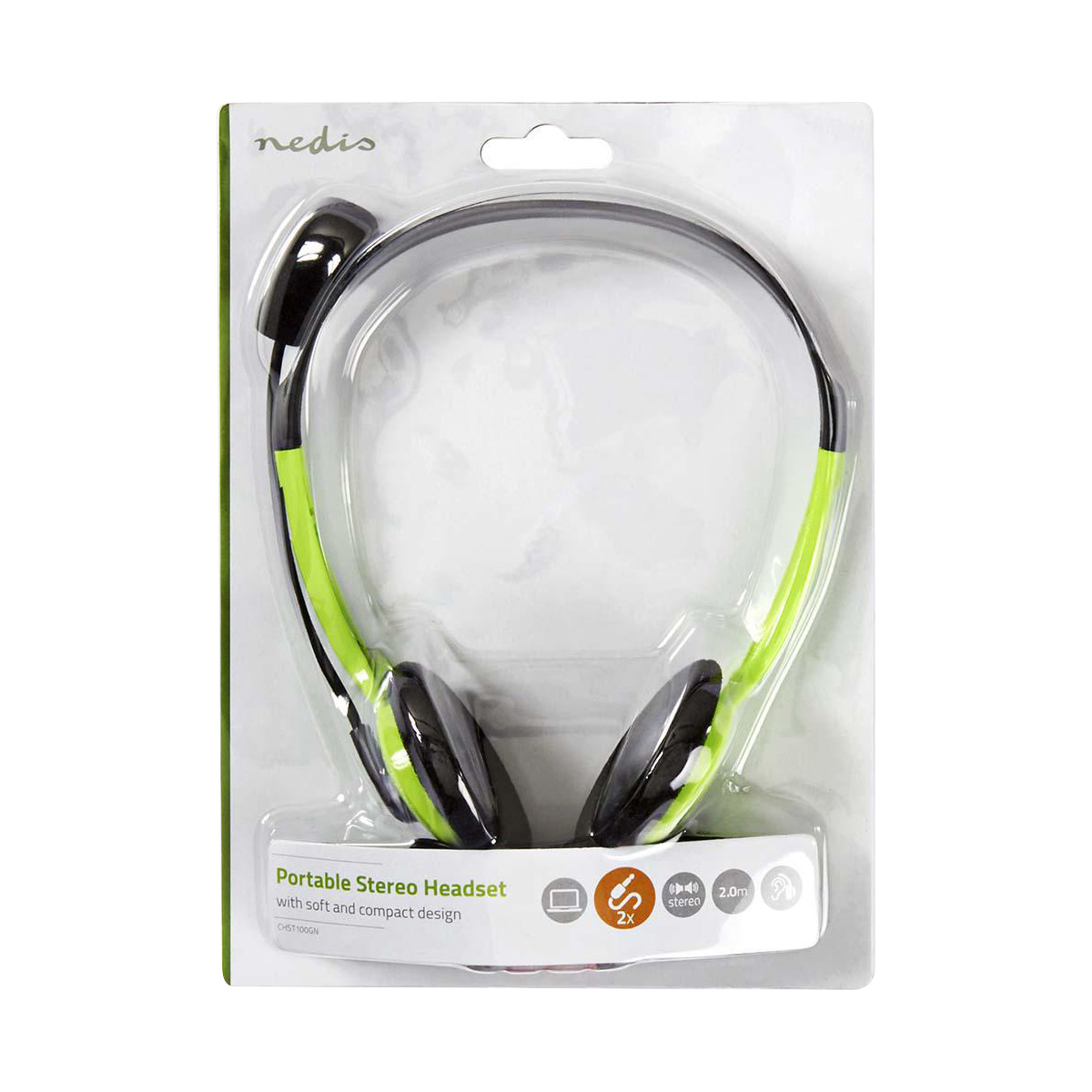 Groene en zwarte Nedis stereo koptelefoon in verpakking.