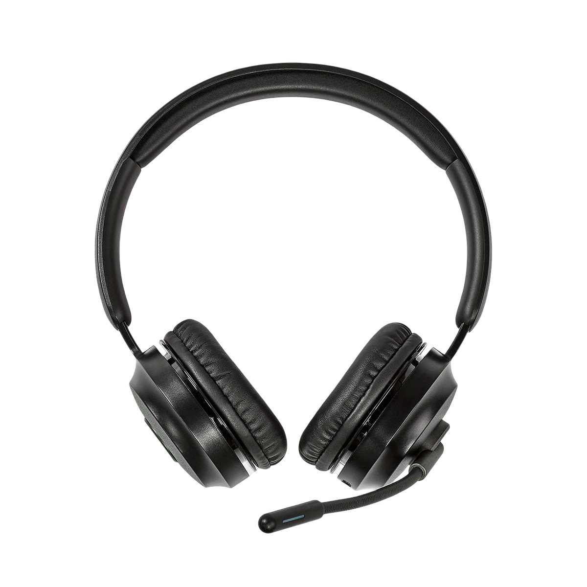 Schwarzer Over-Ear-Kopfhörer mit Mikrofon, auf weißem Hintergrund.