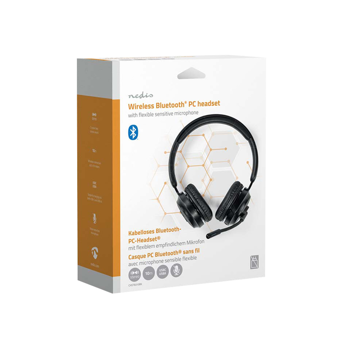 Verpackung eines schwarzen Nedis Bluetooth PC-Headsets mit Mikrofon.
