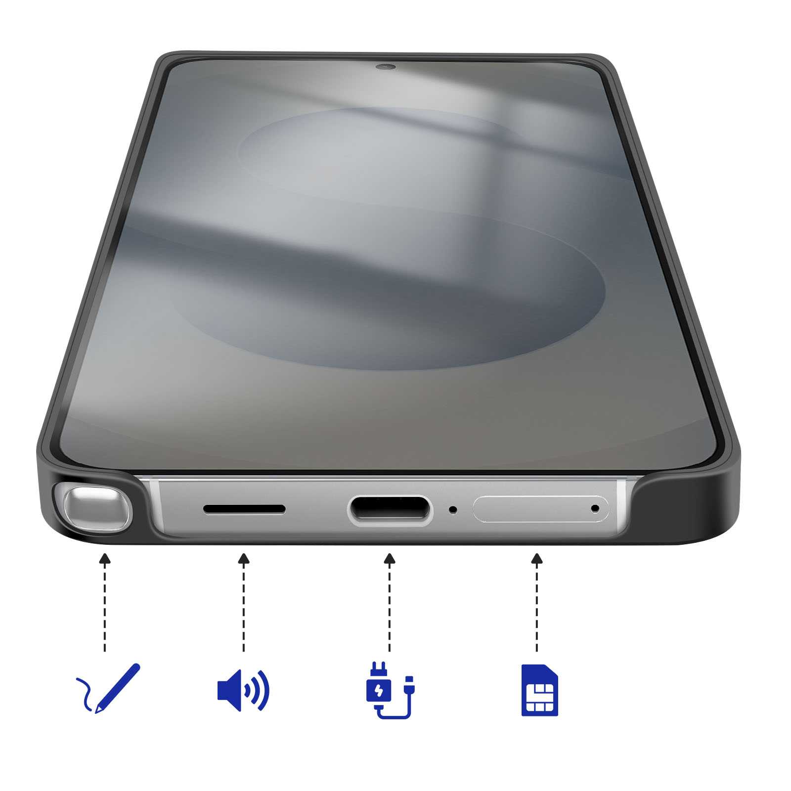 Un smartphone con carcasa negra muestra puertos e íconos.