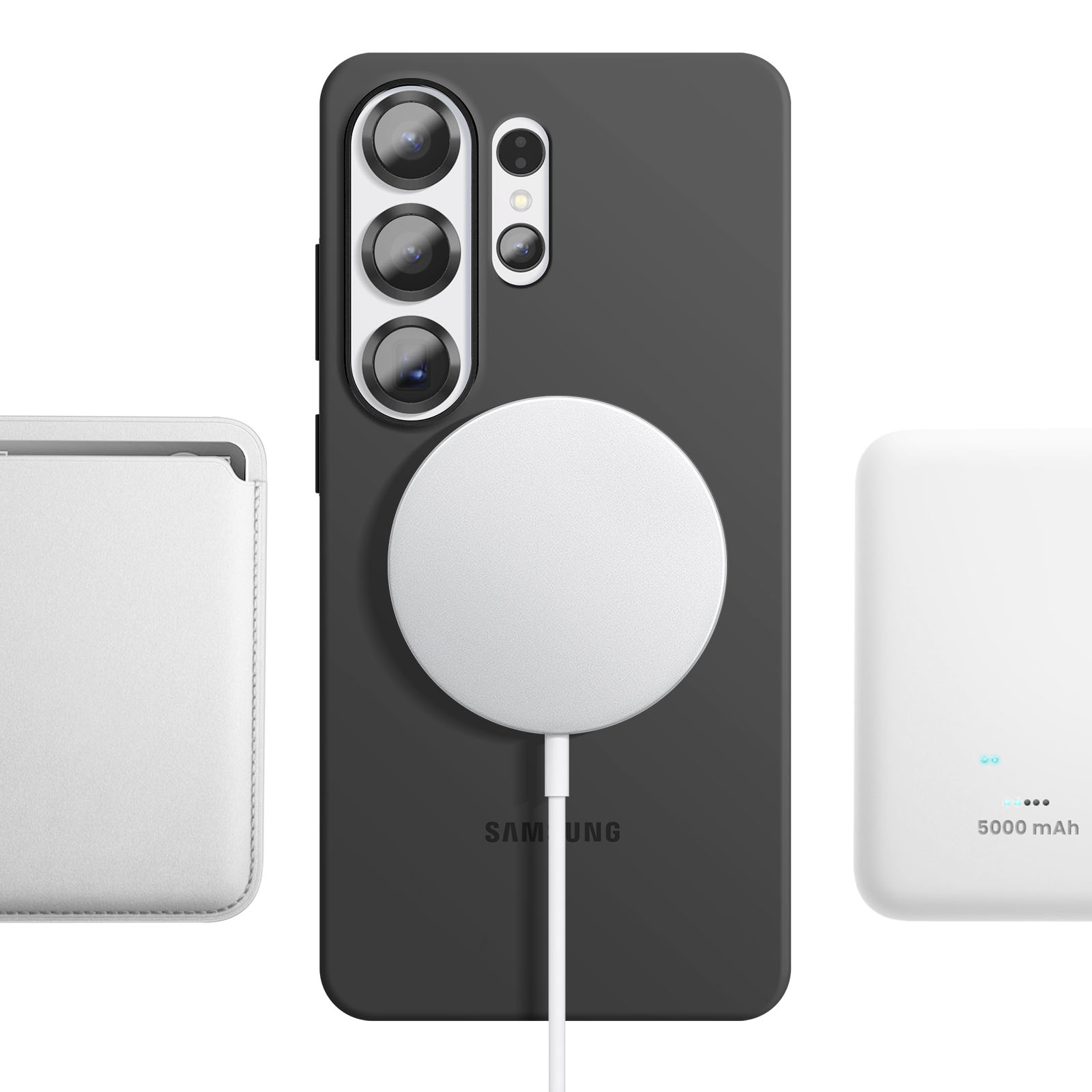 Funda negra para teléfono con lentes de cámara, cargador inalámbrico blanco y banco de energía blanco.