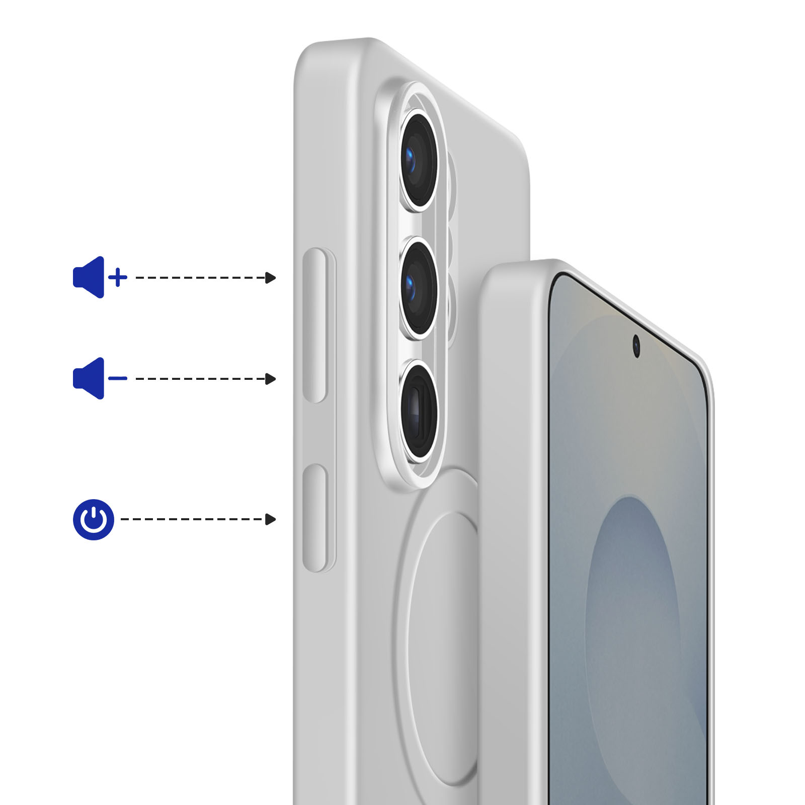 Primer plano de una funda blanca para smartphone con tres cámaras y botones.
