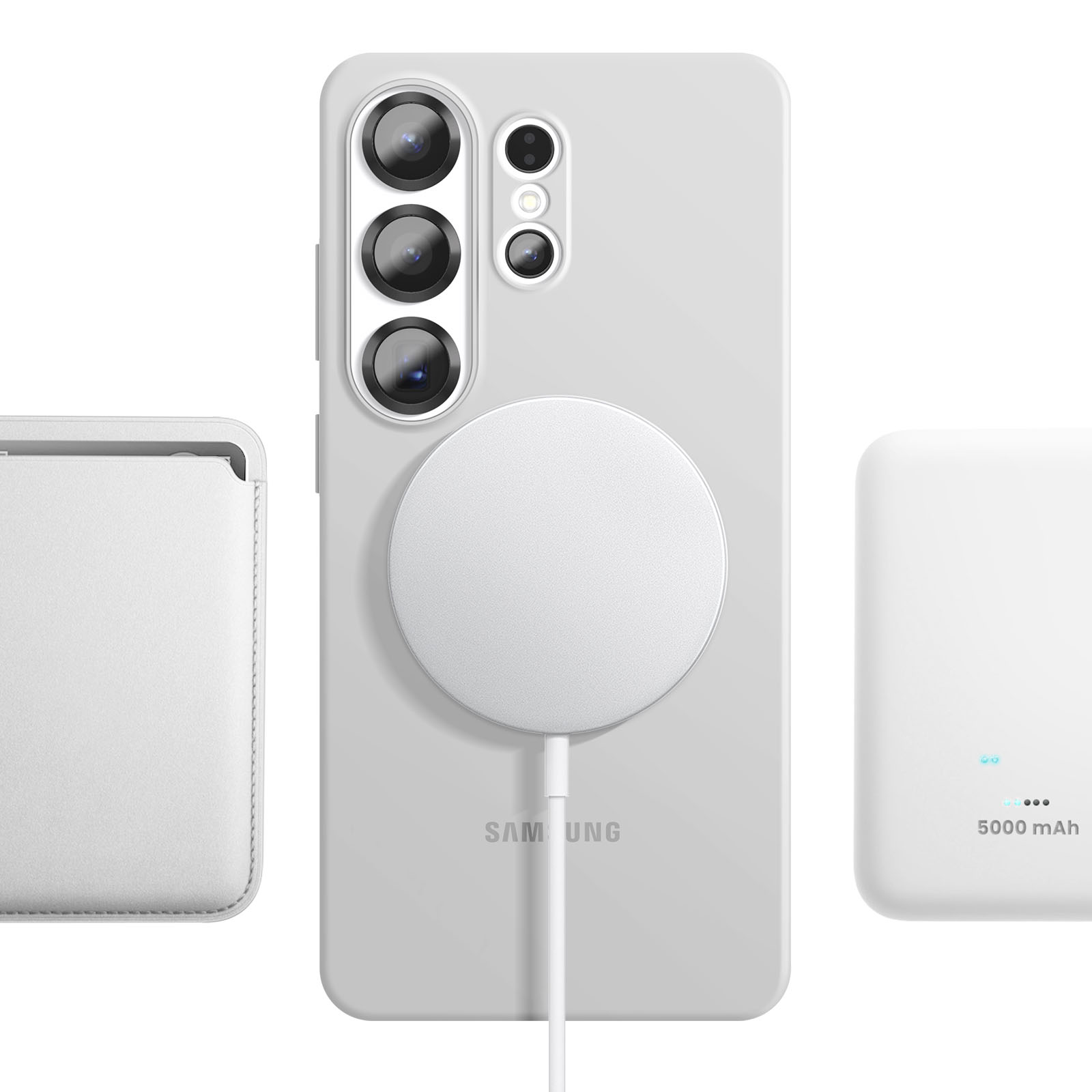 Un smartphone blanco con cámaras, círculo de carga y cable, junto a una funda y power bank.