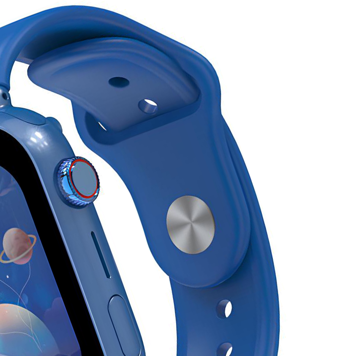 Niebieska opaska smartwatch z srebrnym przyciskiem i cyfrowym wyświetlaczem.