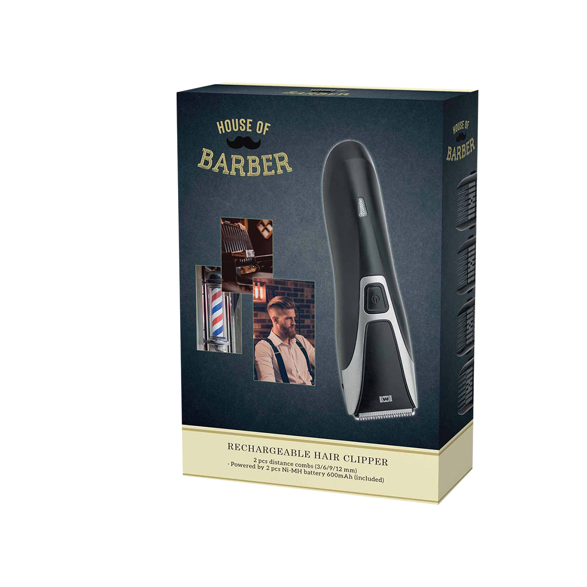 Doos van een zwarte haartrimmer met barbier-thema en tekst.