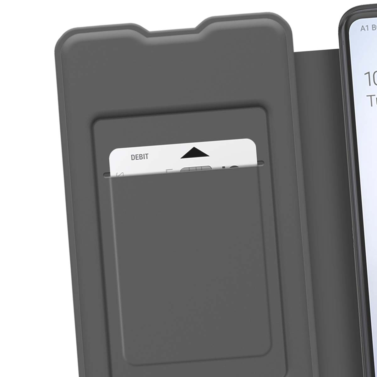 Custodia grigia per telefono con uno slot per carte contenente una carta di debito.