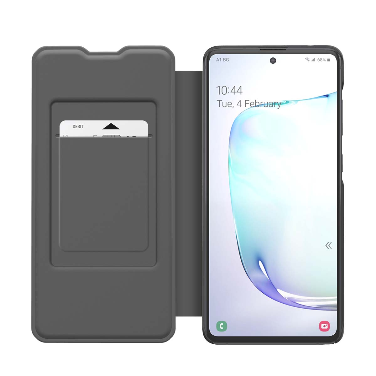 Custodia grigia per telefono con slot per carte accanto a uno smartphone con schermata di blocco.
