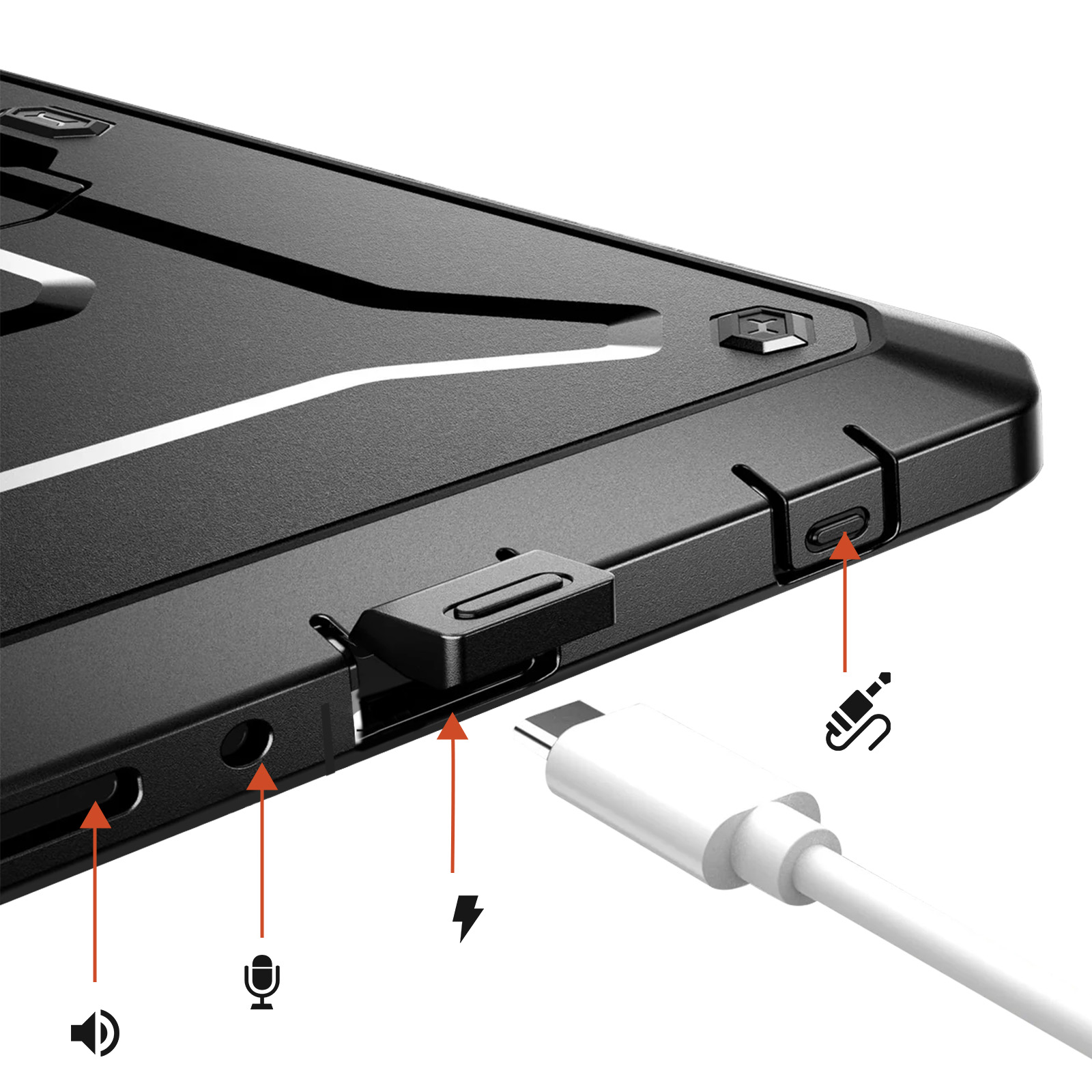 Custodia nera con porta USB-C e jack audio. Cavo di ricarica collegato.