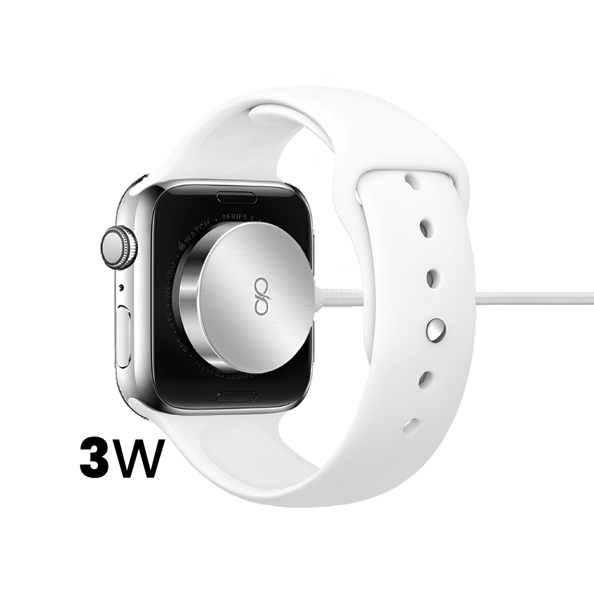 Una Apple Watch bianca con cavo di ricarica viene caricata.