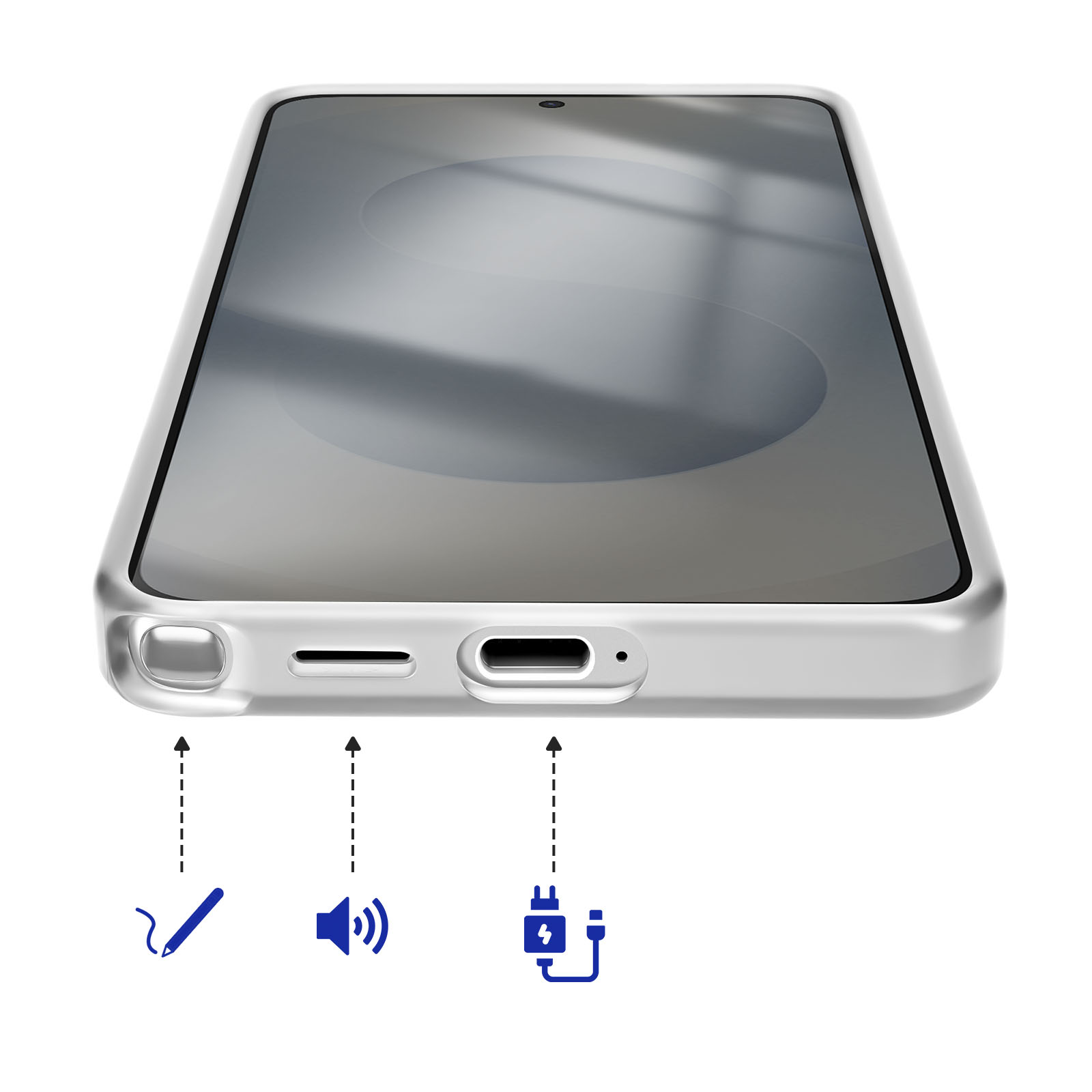Primer plano del borde inferior de un smartphone plateado con puertos e iconos.