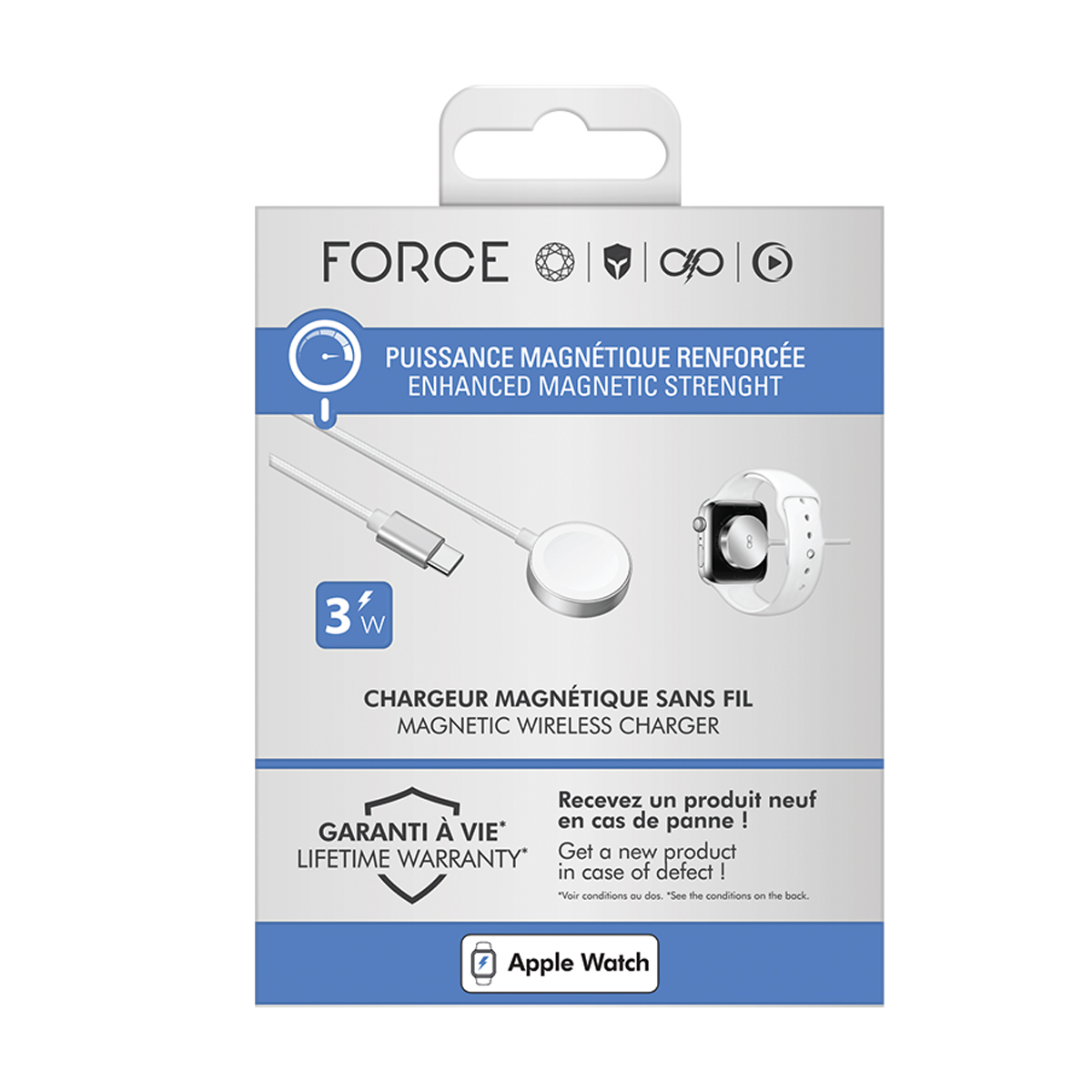 Scatola per caricabatterie Apple Watch con cavo e connettore.