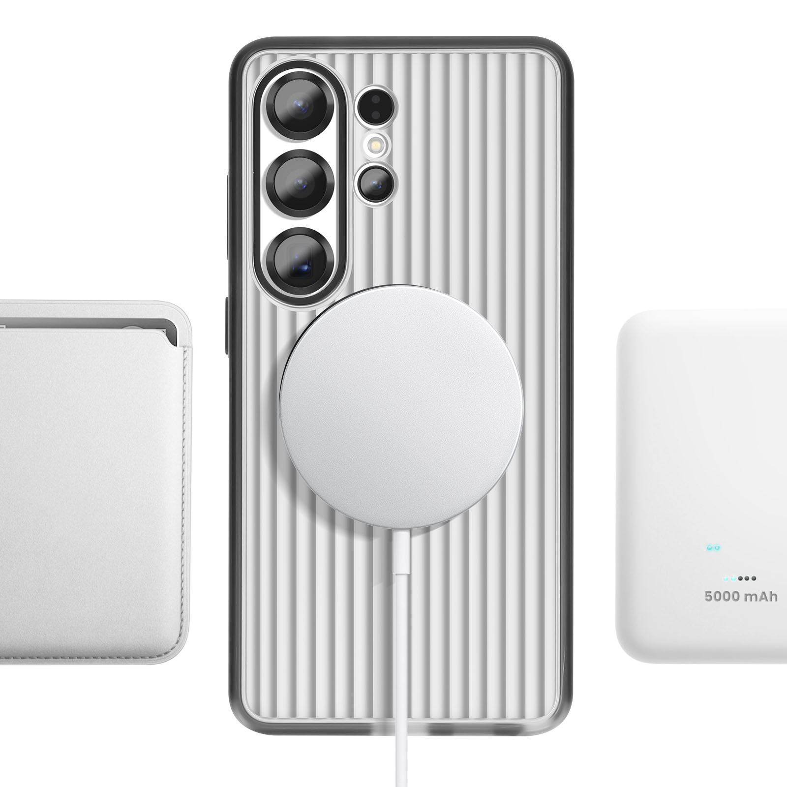 Un teléfono blanco con tres cámaras, una base de carga y un estuche al lado.