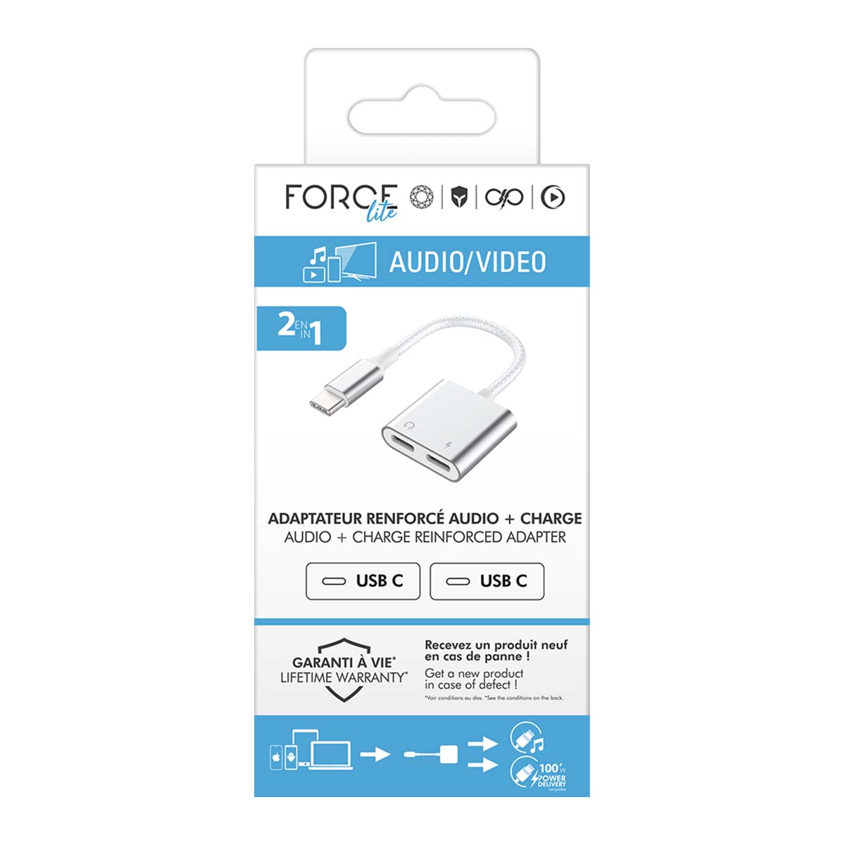 Confezione per un adattatore USB-C 2-in-1 per audio e ricarica.
