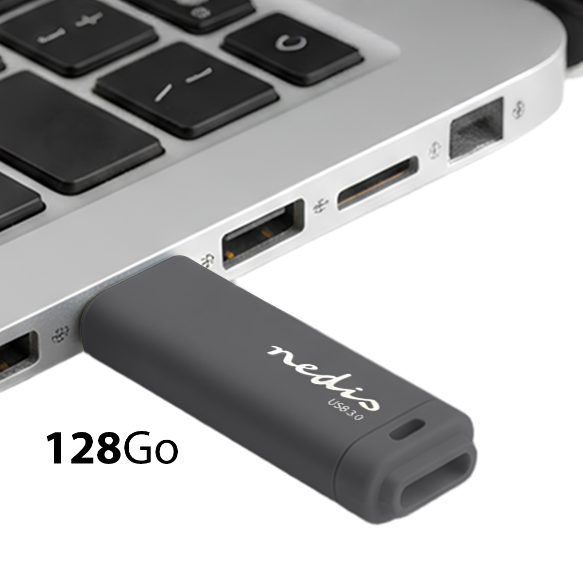 Gray USB stick with 'nedis' and 'USB 3.0' text, plugged into a laptop.