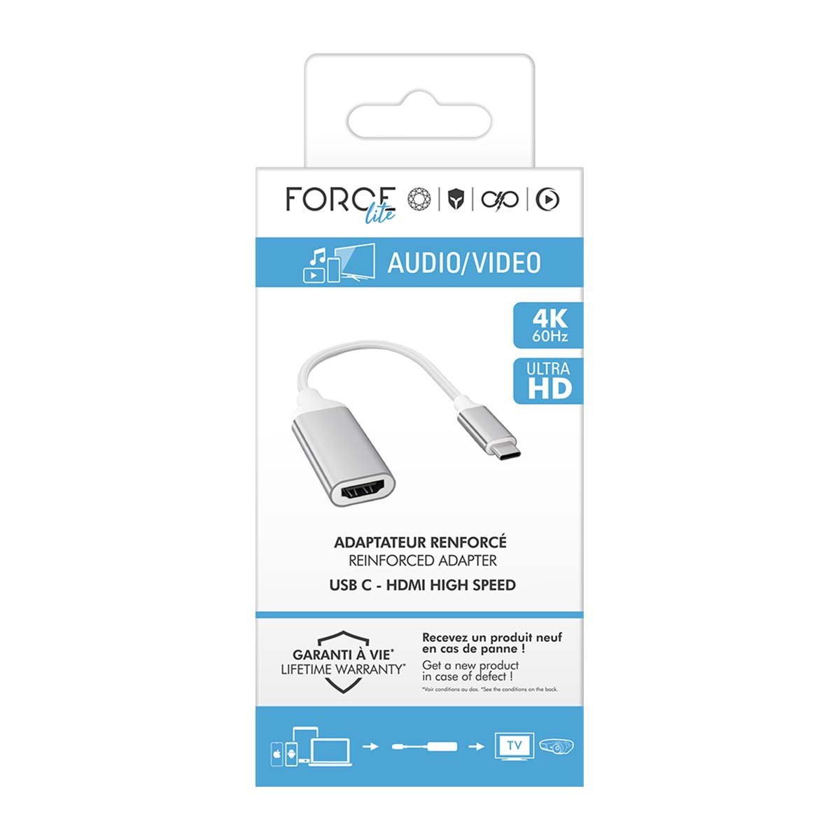 Un adattatore USB-C a HDMI argentato con risoluzione 4K 60Hz sulla confezione.
