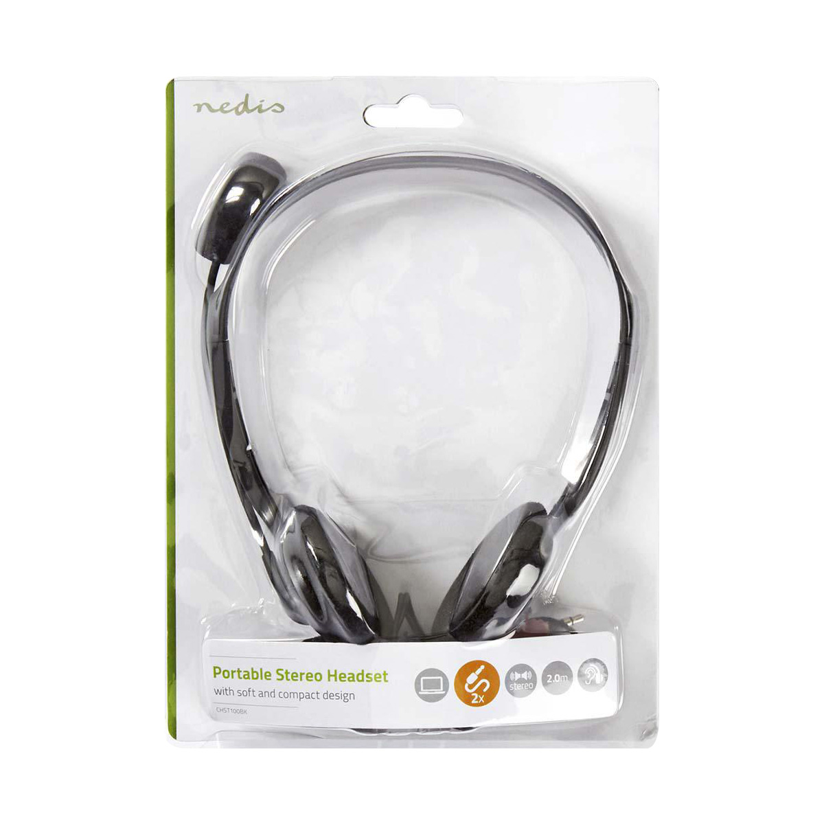 Verpakte zwarte Nedis koptelefoon met microfoon. 2m kabel, stereo.