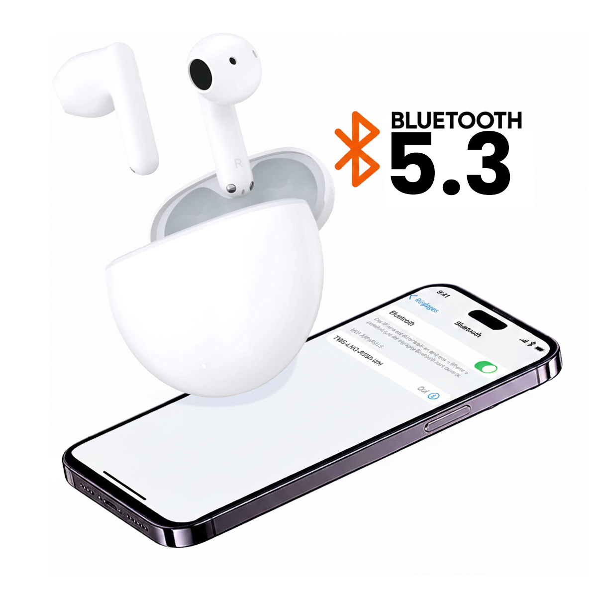 Białe bezprzewodowe słuchawki douszne z etui ładującym i iPhone'em pokazującym Bluetooth 5.3.