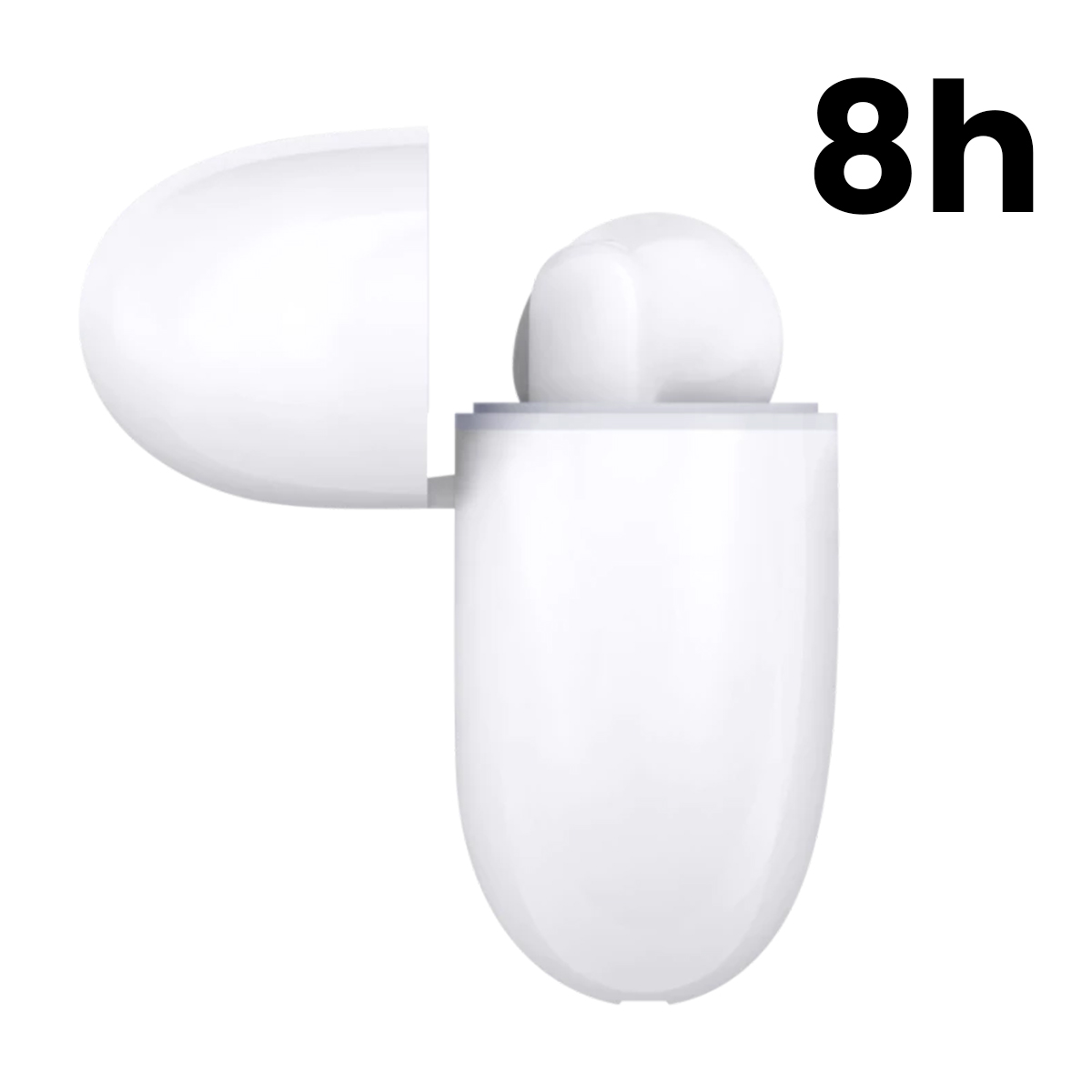 Białe słuchawki bezprzewodowe w otwartym etui ładującym z napisem "8h".