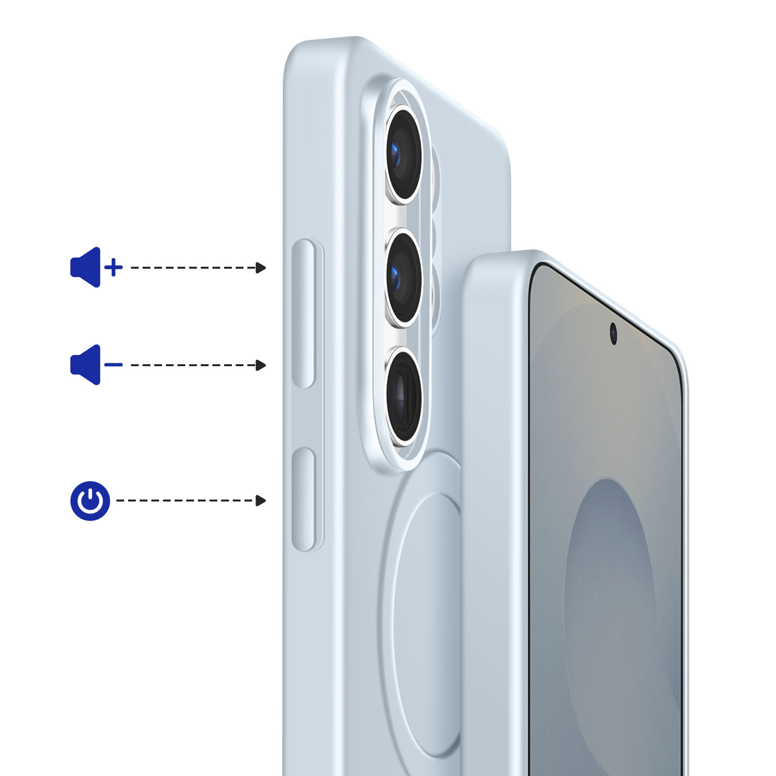 Blaue Symbole für Lautstärke und Ein/Aus neben einem hellblauen Smartphone.
