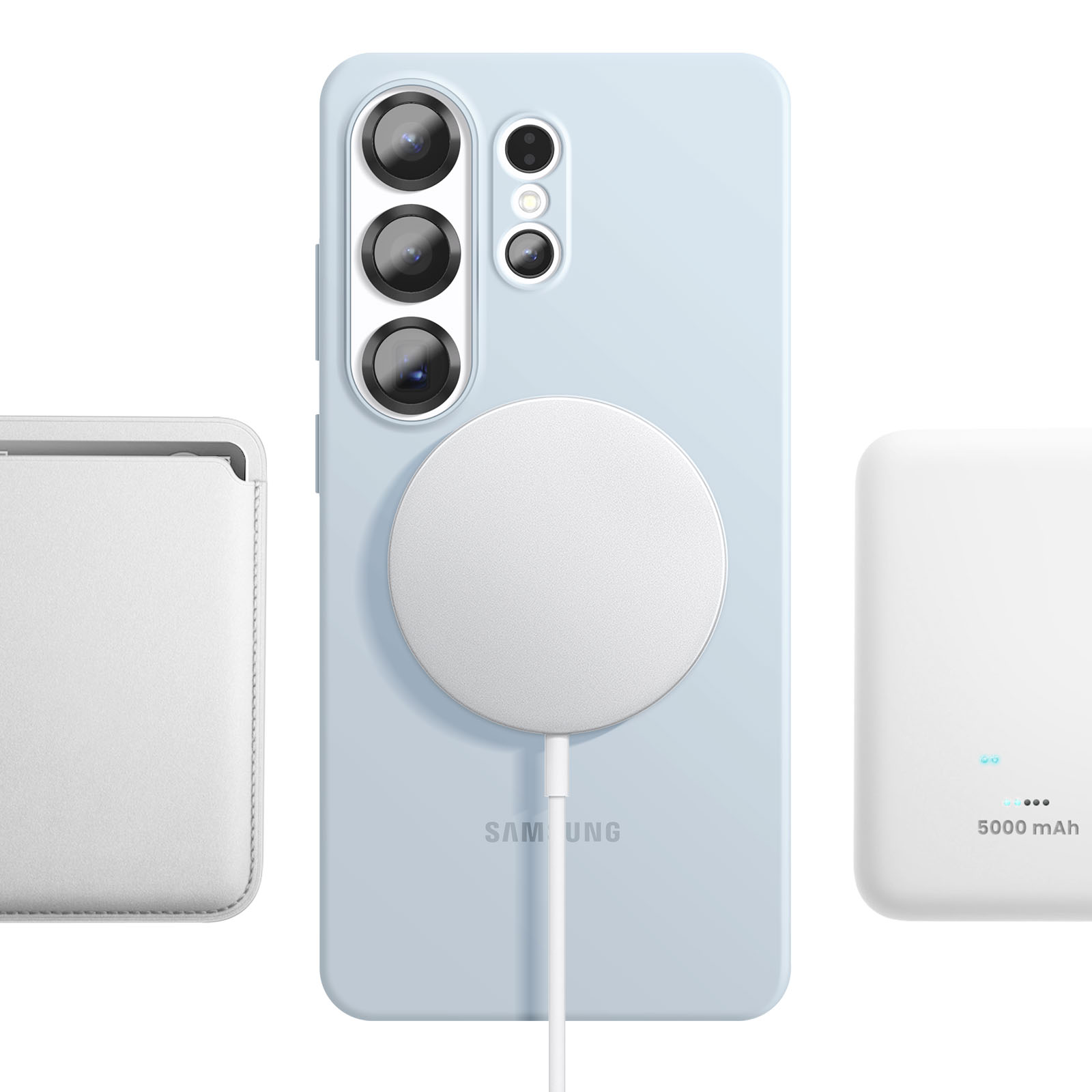 Hellblaues Handy mit Ladekreis, weiße Hülle und Powerbank.
