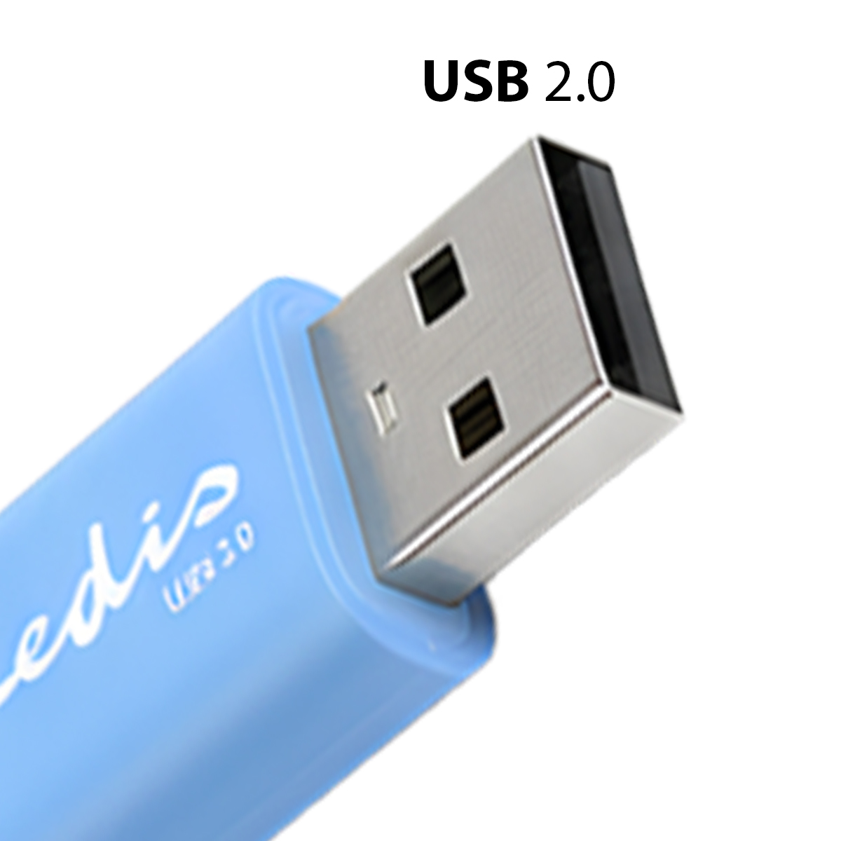 Un'unità USB azzurra con connettore argentato, etichettata "USB 2.0".