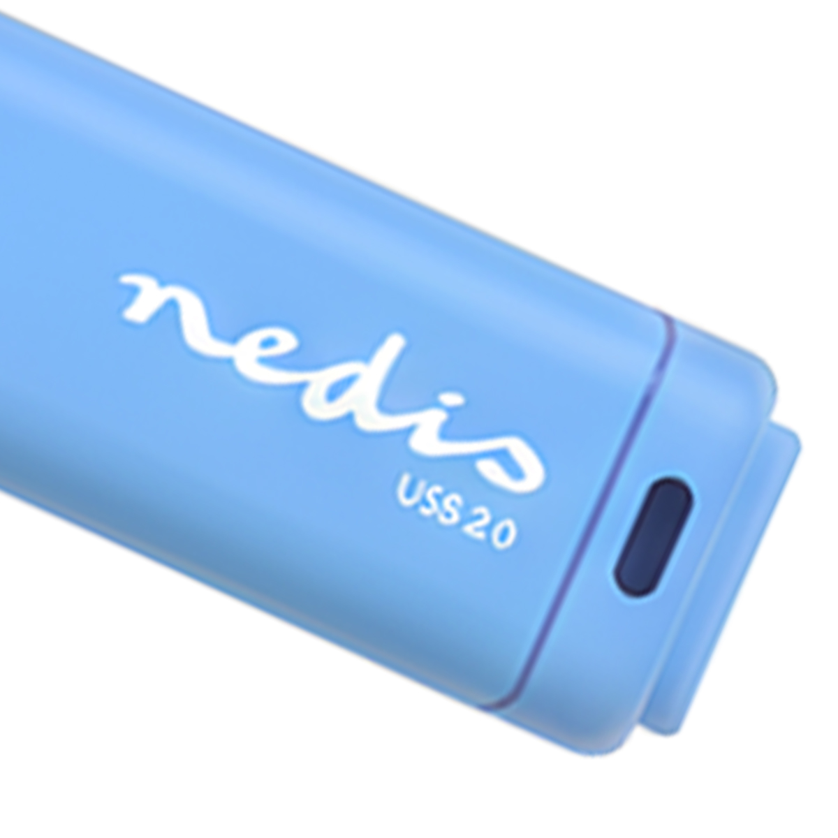 Un'unità USB azzurra con logo bianco 'nedis' e testo 'USB 2.0'.
