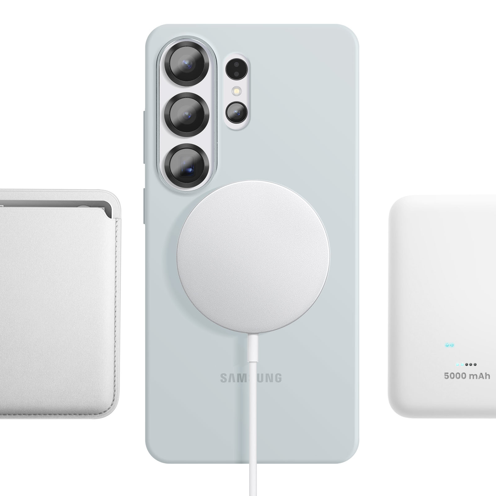 Ein hellblaues Handy mit MagSafe-Ladegerät, weiße Hülle und Powerbank.