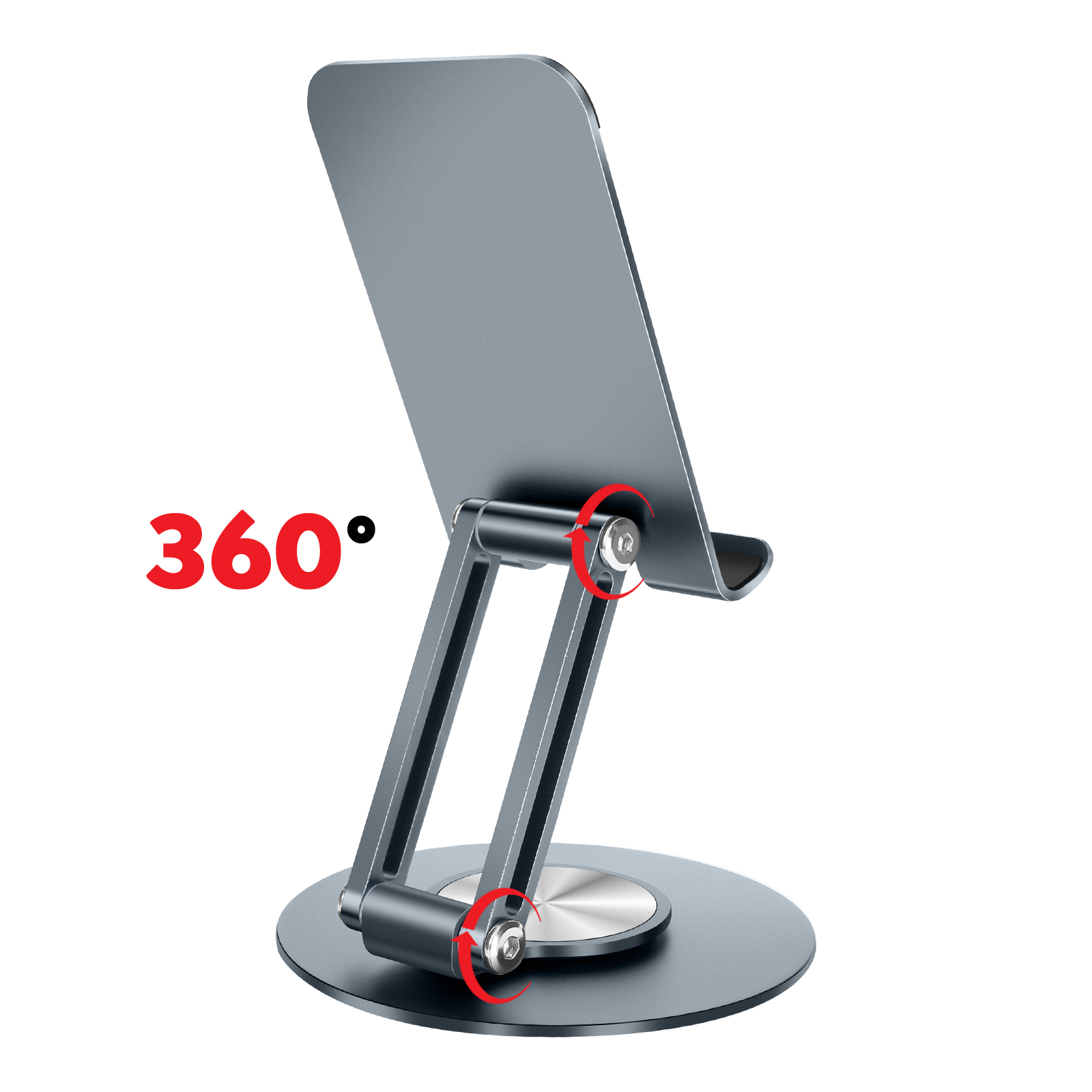 Supporto grigio per tablet con rotazione a 360° e braccio regolabile.