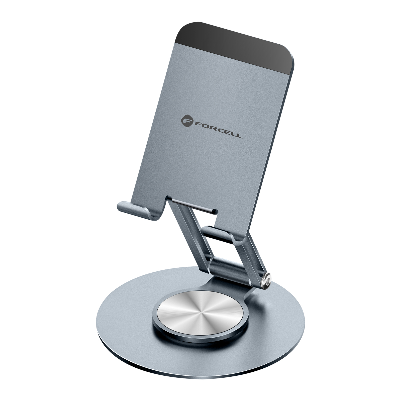 Supporto grigio per telefono con base girevole e accento argento.