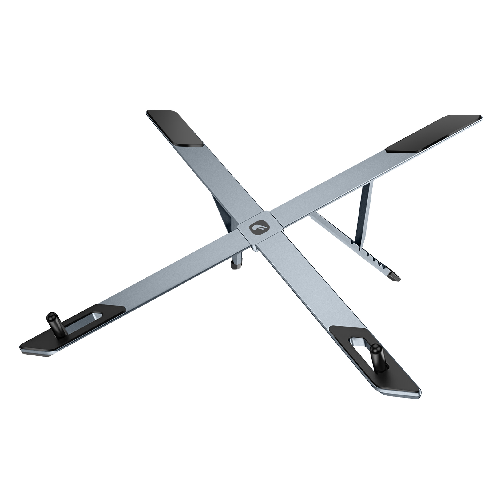 Un supporto per laptop argentato a forma di X con cuscinetti neri antiscivolo.