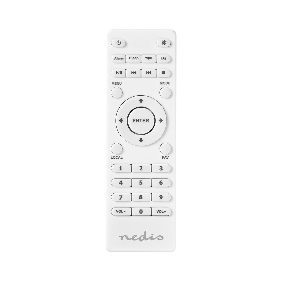 Ein weißer Fernbedienung mit Tasten für Alarm, Sleep, EQ und Ziffern.