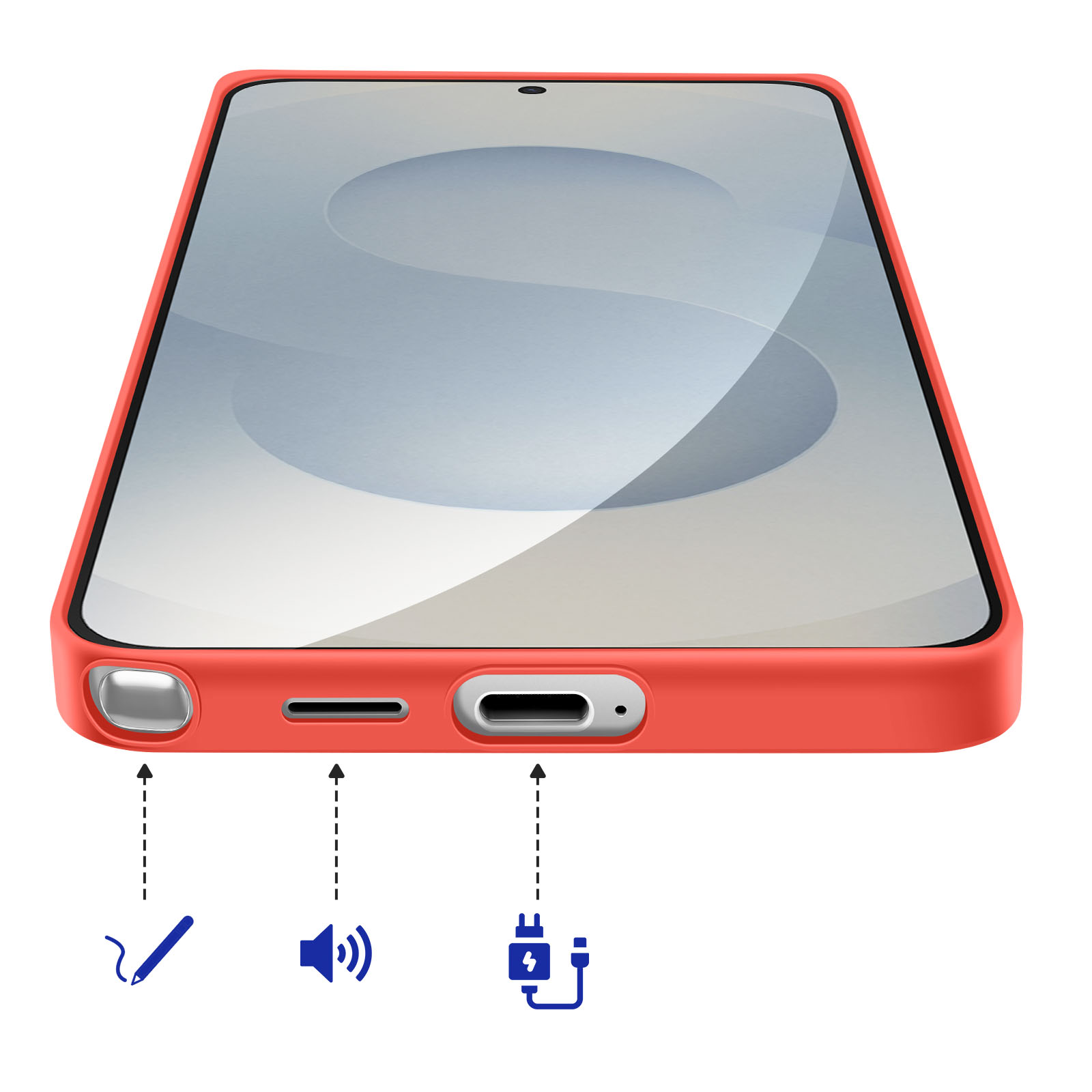 Ein roter Handy-Schutz mit Anschlüssen und Symbolen für Stift, Lautstärke und Aufladen.