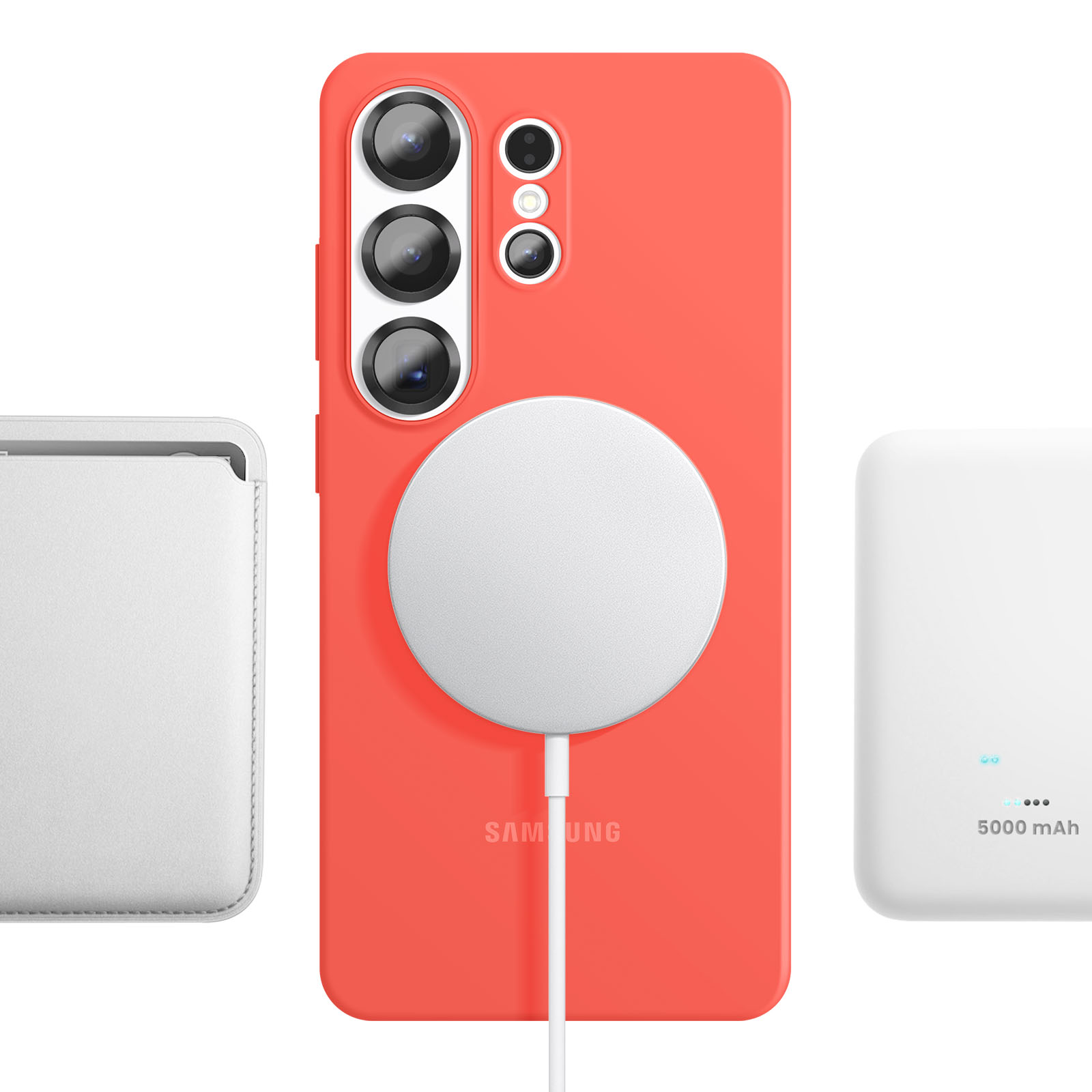 Rotes Handycover mit MagSafe-Ladegerät, weißer Hülle und Powerbank.